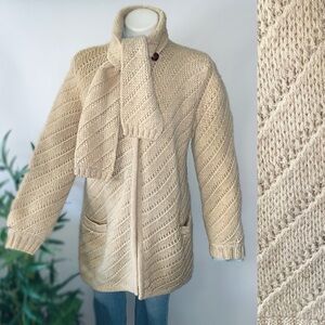 w o o l :: Gorgeous Vintage Wool Cardigan Self Scarf Collar Longline